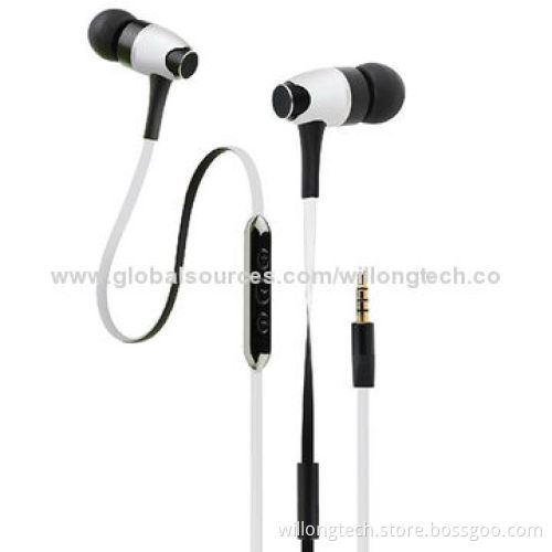 Long flat wired metal earphone with volume control, fashionable and durable